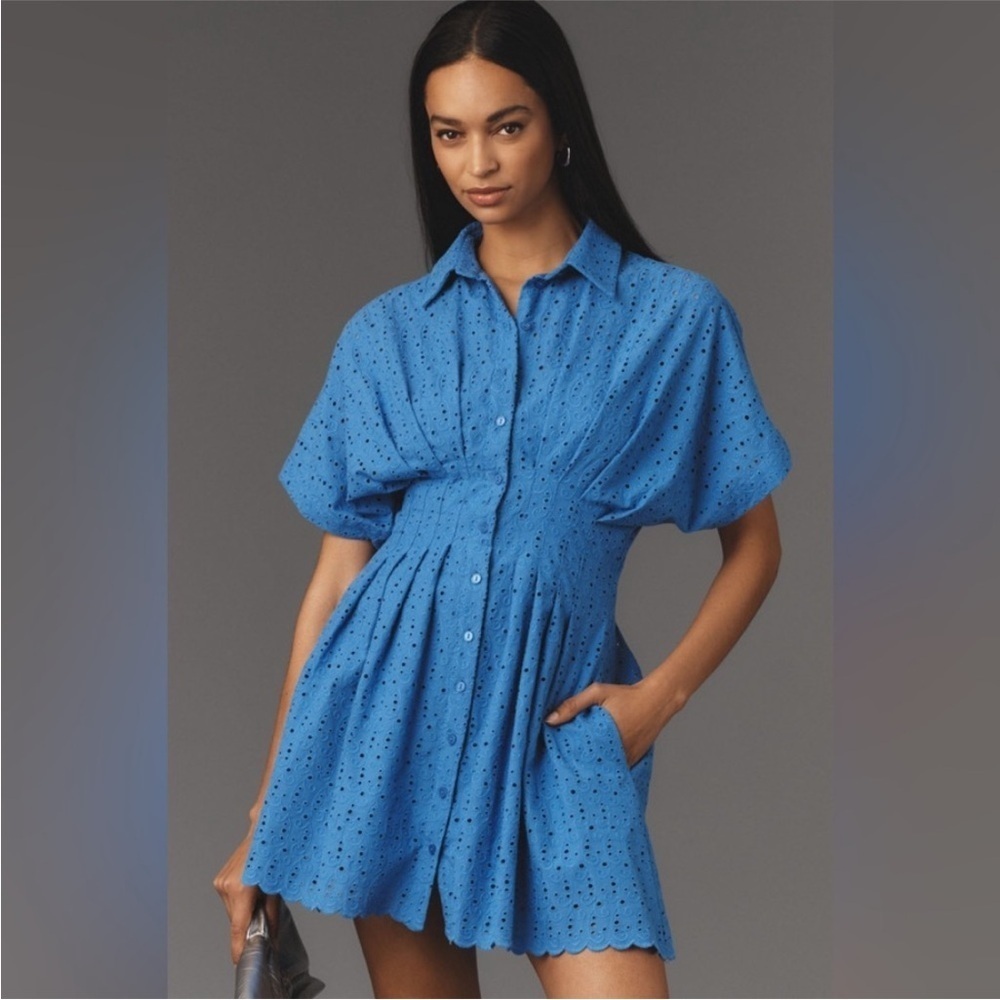 Anthropologie x Exquise The Tobie Button-Front Pleated Eyelet Mini Dress SP NWT